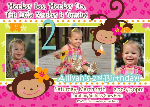 2 Year Old Monkey Birthday Invitation Custom Photo