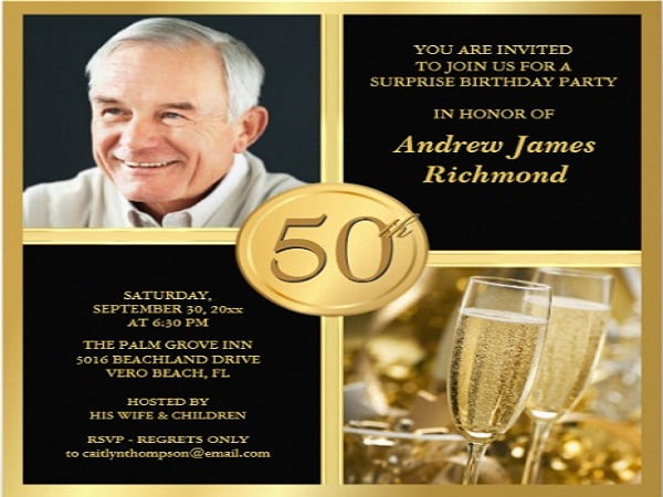 Black And Gold Surprise 50th Birthday Party Invitations