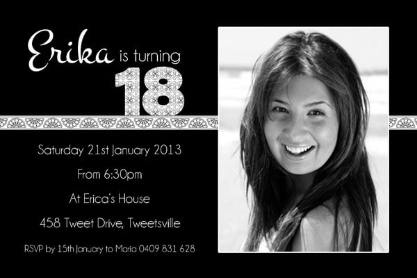 Black And White 18th Birthday Invitation Templates For Girls