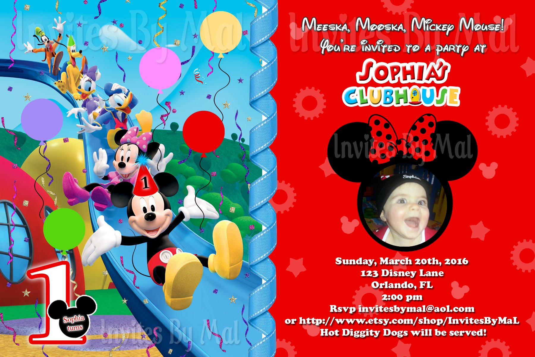 Mickey Mouse Clubhouse 1st Birthday Invitation Custom Photo
