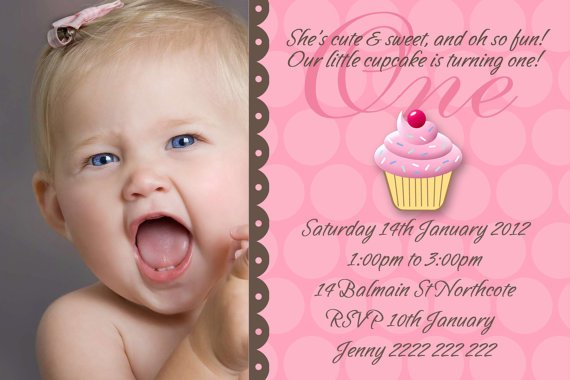 Personalized Baby Girl 1st Cupcake Birthday Invitations