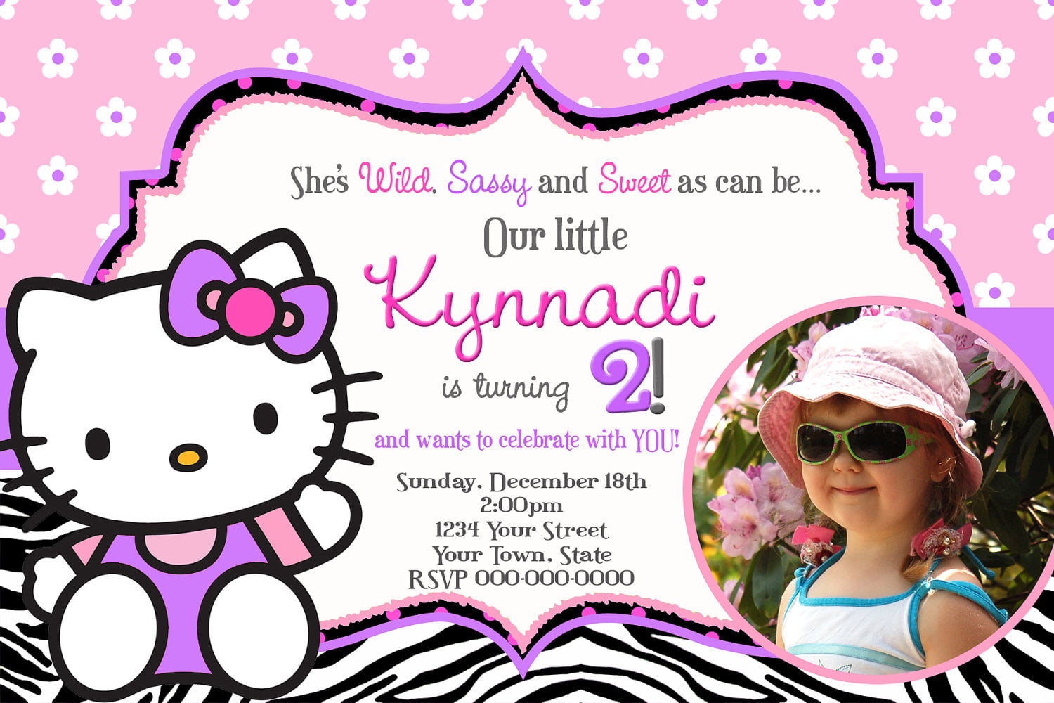 Personalized Hello Kitty Zebra Print Birthday Invitations