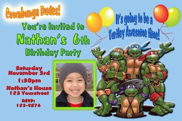 Personalized Teenage Mutant Ninja Turtles Birthday Invitation Custom Photo
