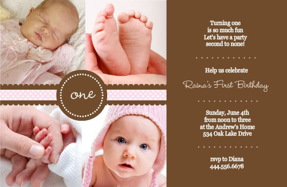 Pink And Brown Design For First Birthday Invitation Wording For Kids