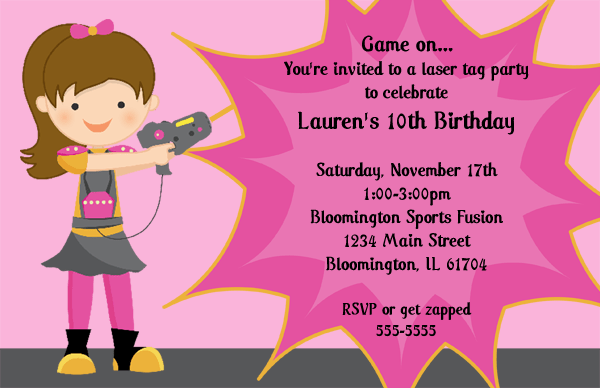 Pink Girl Laser Tag Birthday Party Invitation Templates