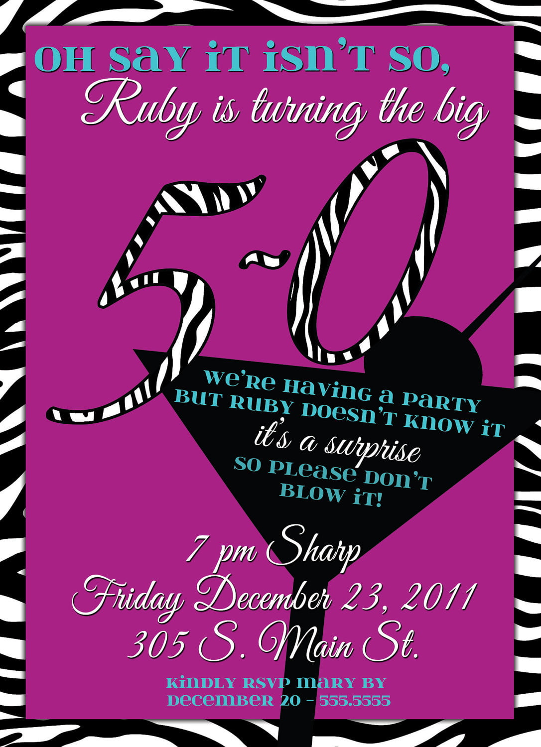 Surprise 50th Zebra Print Birthday Party Invitations