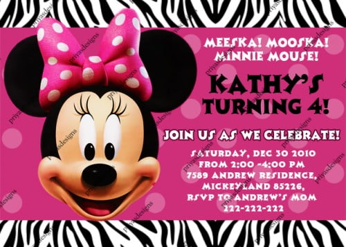 zebra pattern Minnie Mouse Birthday Party Invitation Minnie's full head