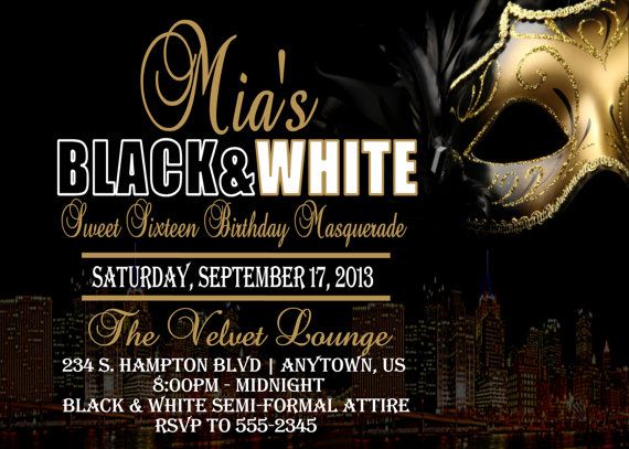 Black and Gold glamour masquerade birthday invitations