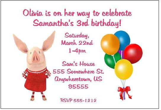 balloons olivia the pig birthday invitations