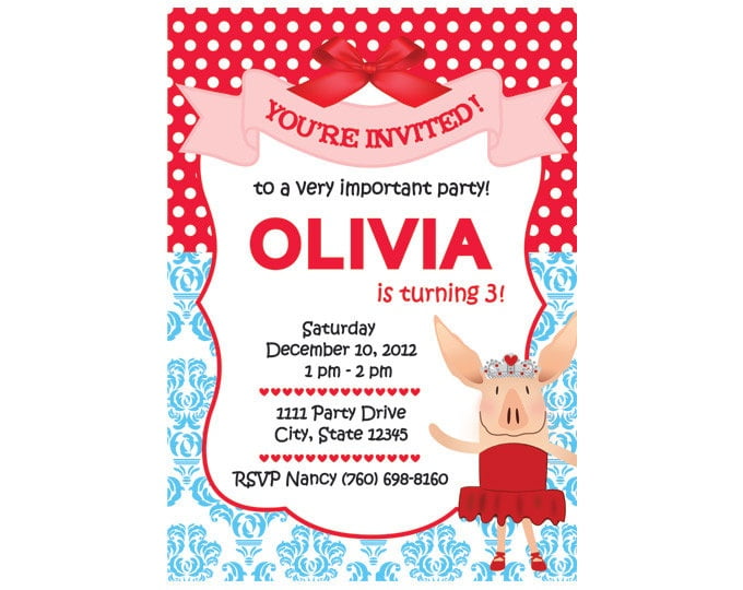 blue red olivia the pig birthday invitations