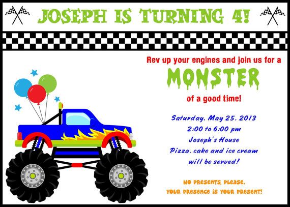 great free printable monster truck birthday invitations