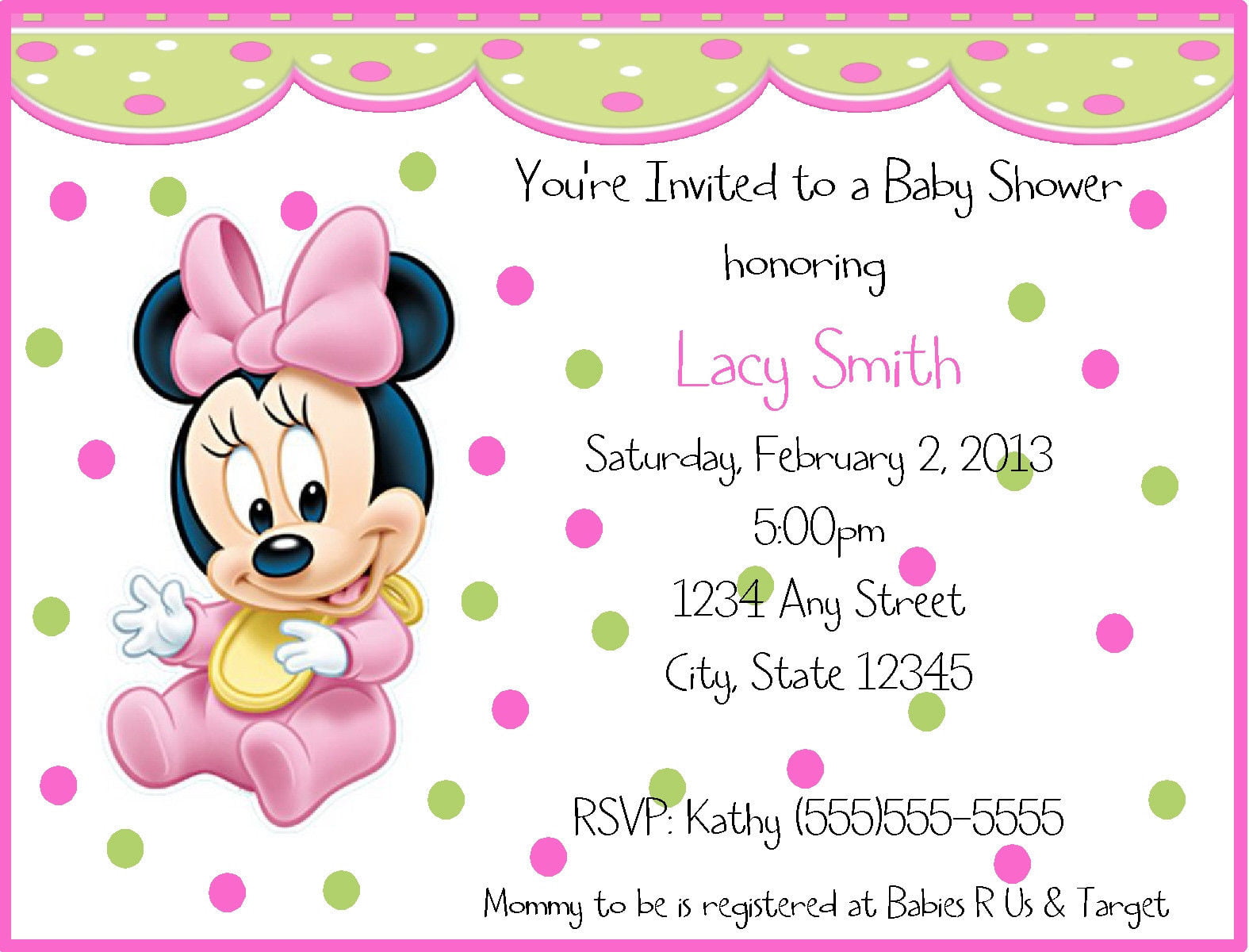 polkadots baby minnie mouse birthday invitations