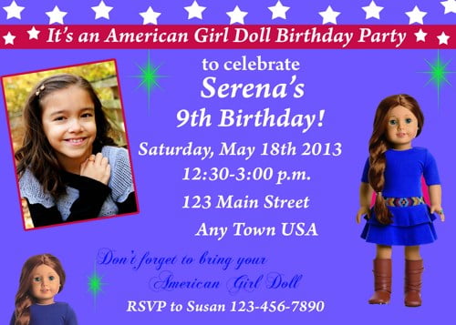 blue american girl dolls birthday invitations