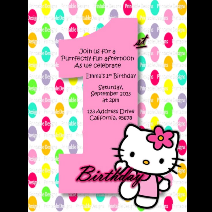 colorful hello kitty 1st birthday invitations