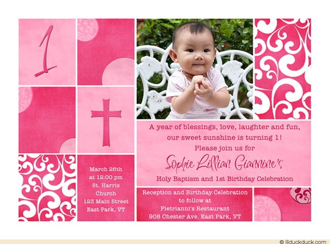 pink 1st birthday and baptism invitations