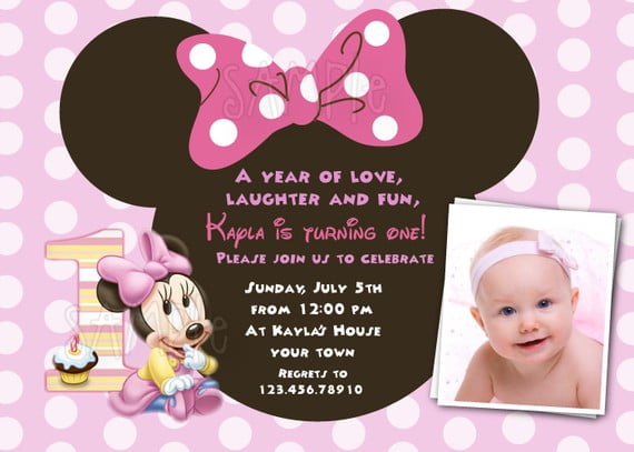 cute card baby minnie 1st birthday party invitations