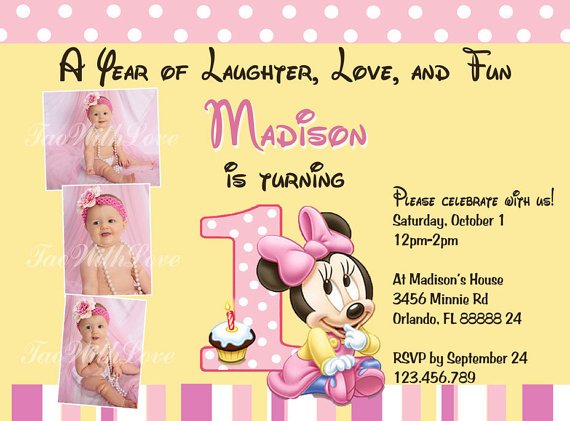 triple pictures personalized minnie mouse 1st birthday invitations