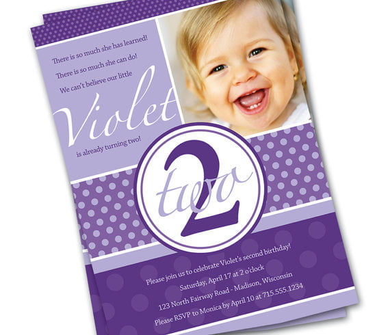 purple 2 years old birthday invitations wording