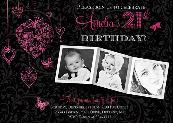 photo pink and black birthday invitations