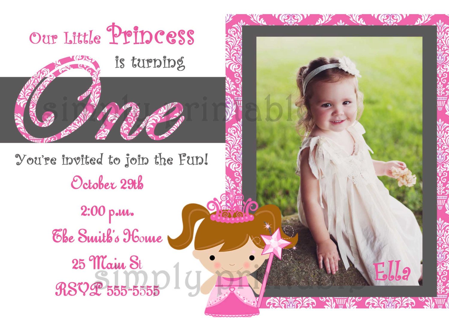 princess 1st birthday party invitations girl