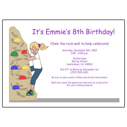 girly rock climbing birthday party invitations