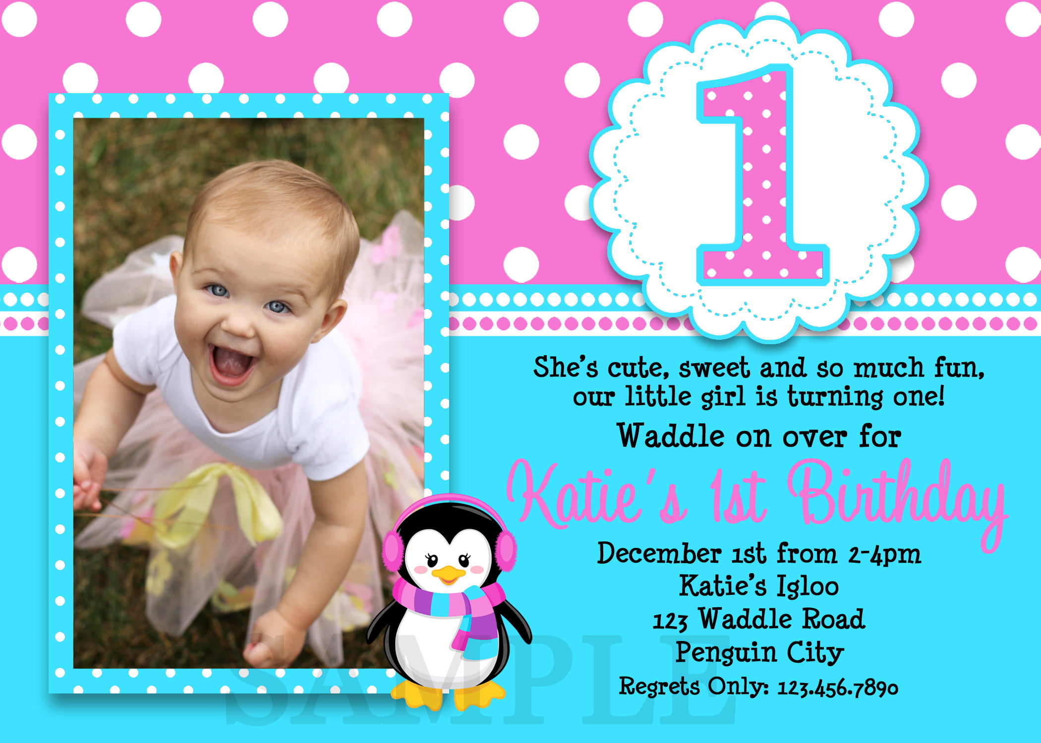 blue pink 1st birthday party invitations girl