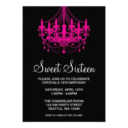 pink an black chandelier birthday invitations