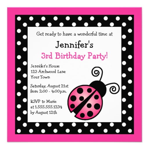 ladybug pink and black birthday invitations