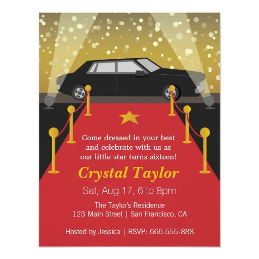 limousine red carpet birthday party invitations