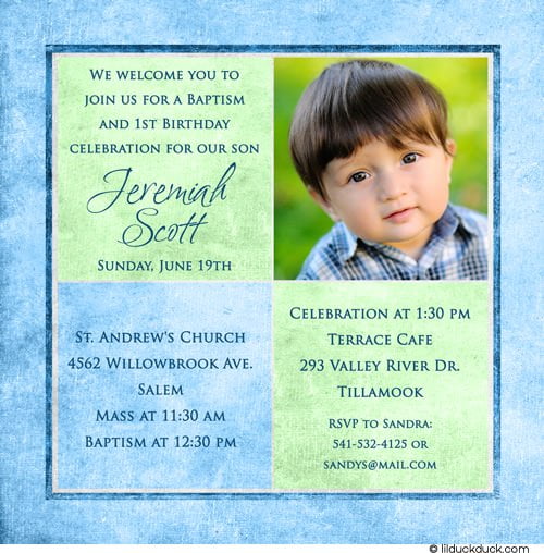 blue first birthday and baptism invitations