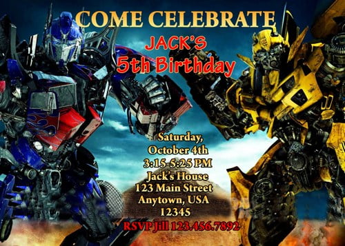 Bumblebee and Optimus Prime birthday invitation card