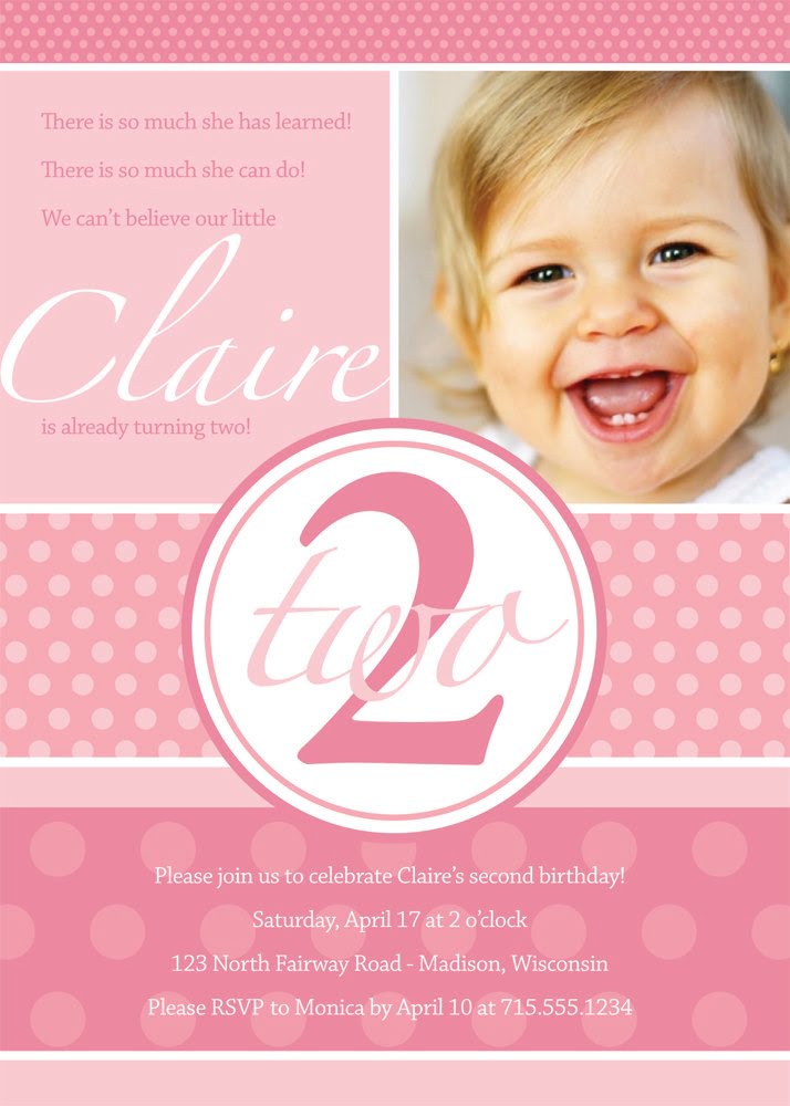 pink 2 years old birthday party invitations wording