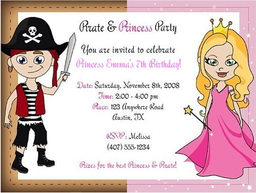 hook and royal princess and pirate birthday party invitations