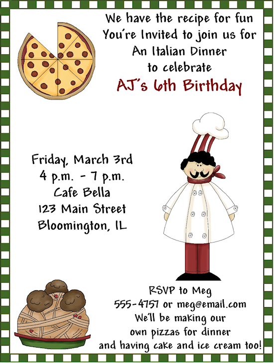 pizza birthday dinner party invitations wording