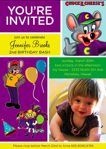 purple chuck e cheese birthday invitations