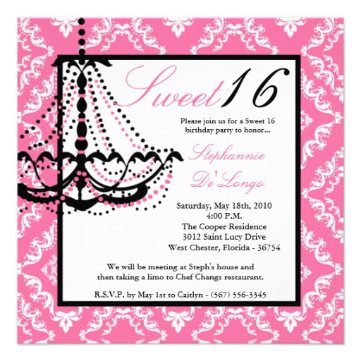 chandelier sweet 16 birthday invitations wording