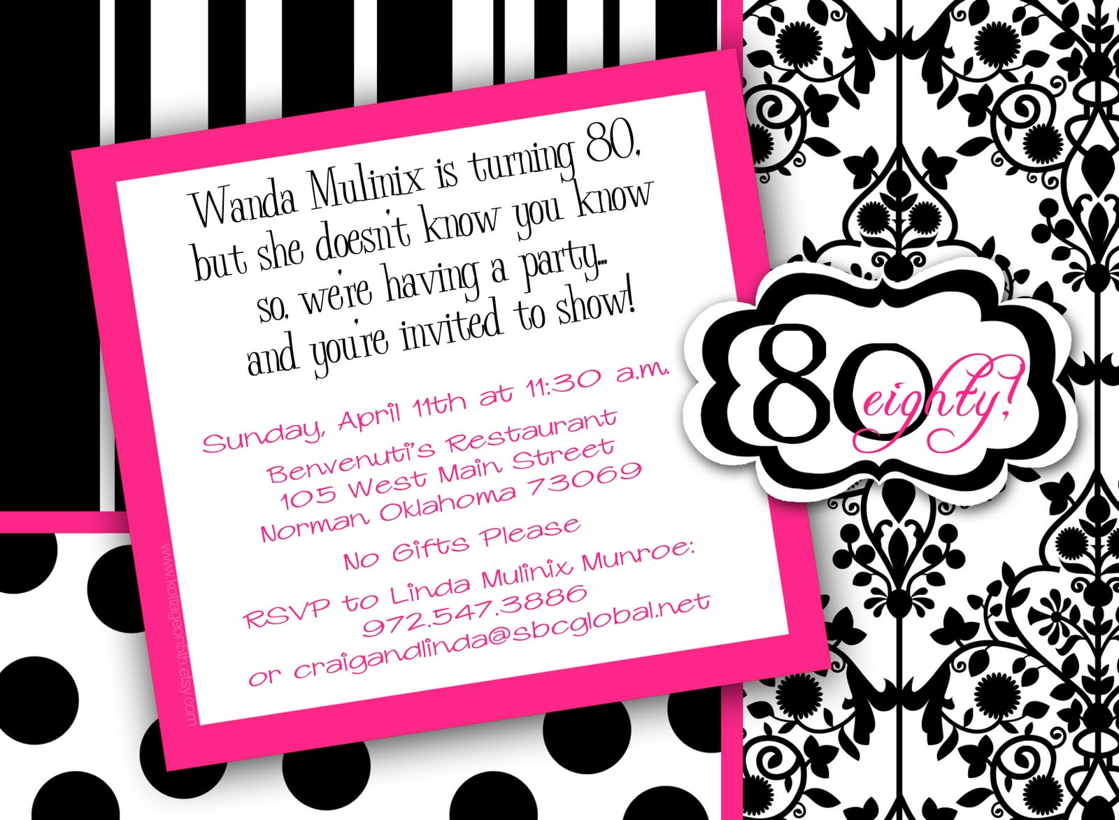 pink white black 80th birthday party invitations