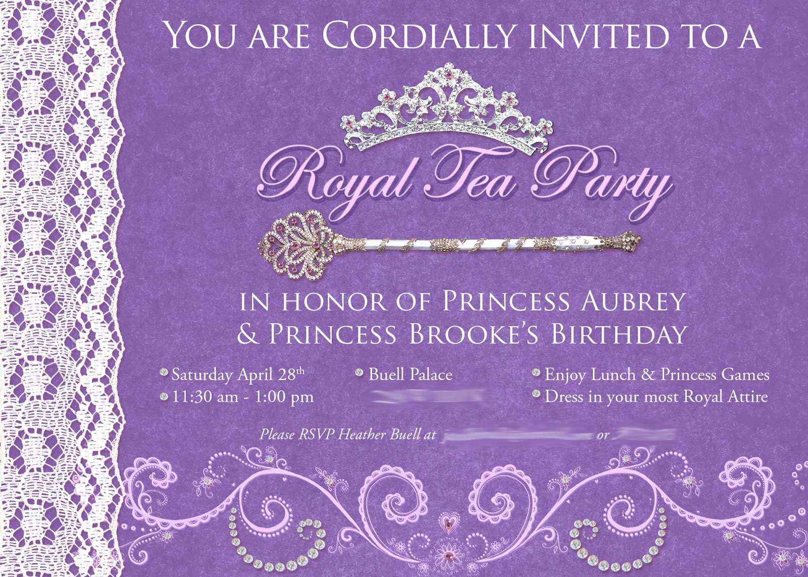 royal princess tea party birthday invitations