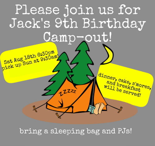 camp 9 years old birthday invitations wording