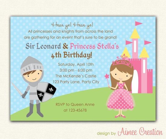 knight and princess boy and girl birthday invitations