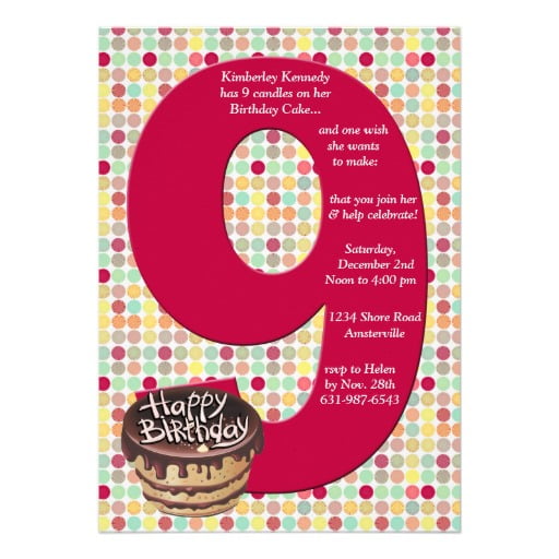 cakes 9 years old birthday invitations wording
