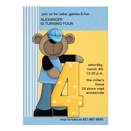 teddy bear 4 years old birthday invitations wording