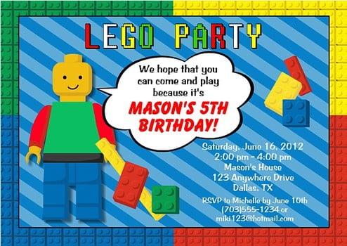 man lego themed birthday party invitations
