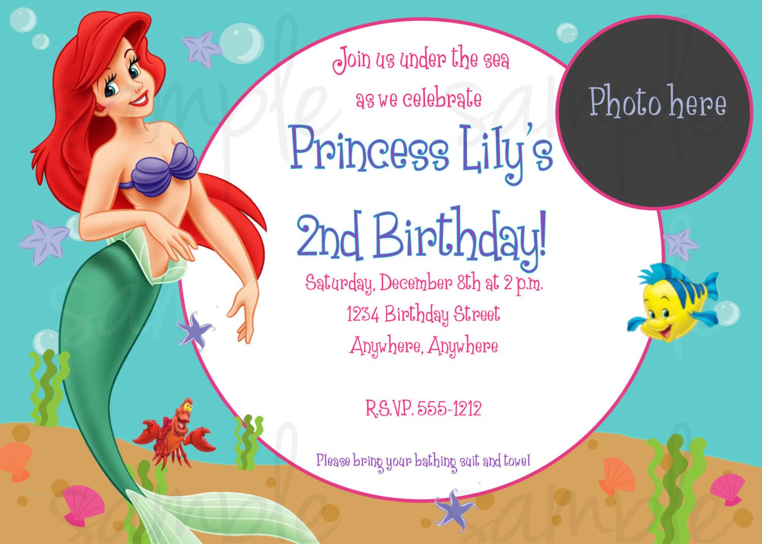 ariel little mermaid printable birthday invitations