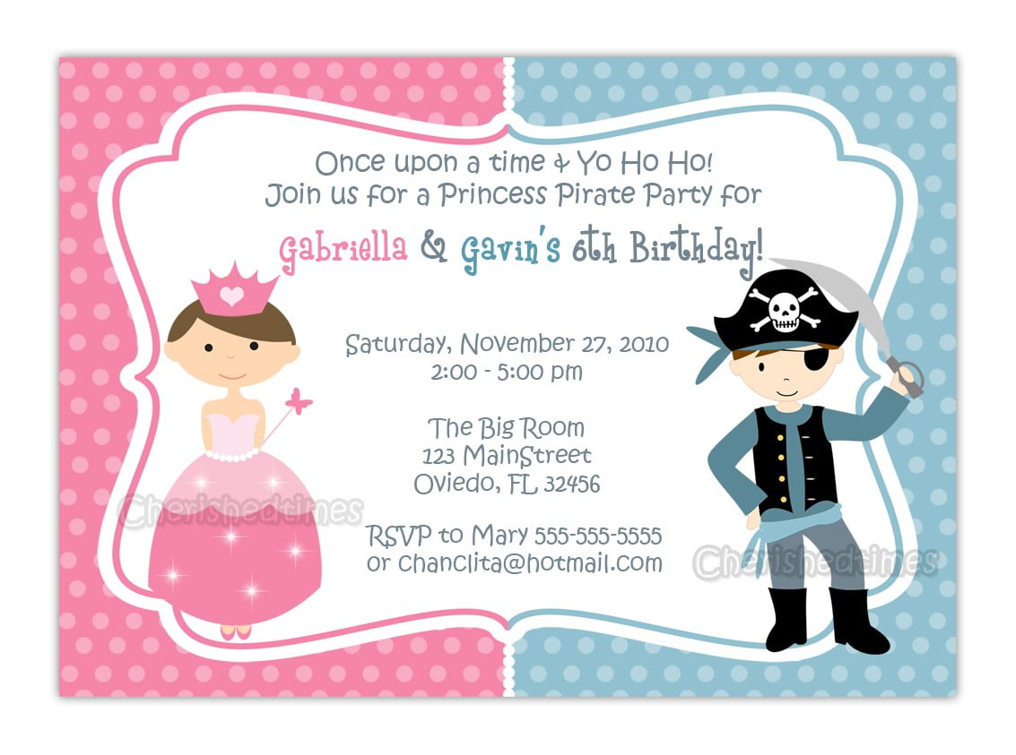 pink blue princess and pirate birthday party invitations