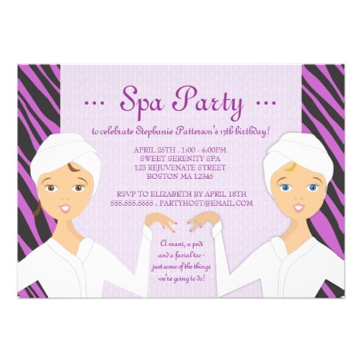 robe girl spa birthday party invitations