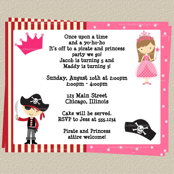 crown hat princess and pirate birthday party invitations