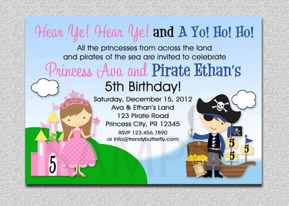 castle ship princess and pirate birthday party invitations