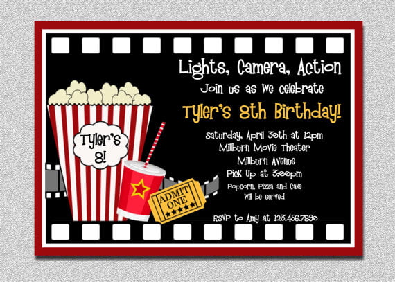 pop corn movie night birthday party invitations