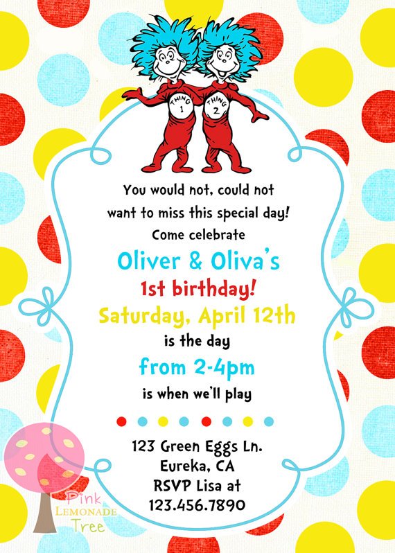 colorful thing 1 and thing 2 birthday party invitations
